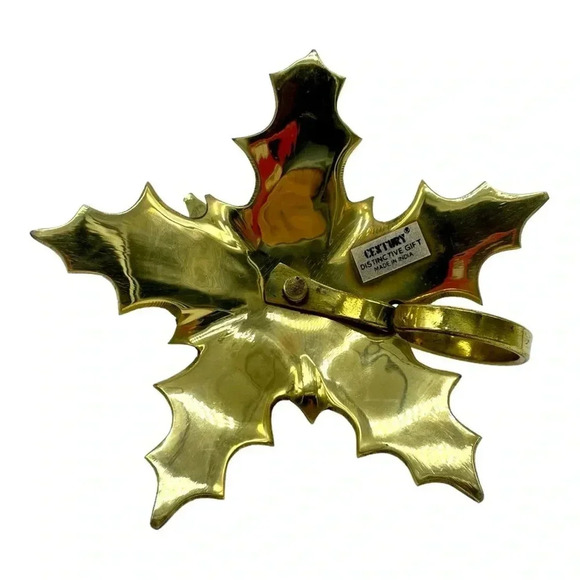 BRASS Holly / Poinsettia Leaf Candlestick Holder w/Ring Shape Handle NIB - Picture 3 of 6